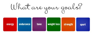 WHAT ARE YOUR GOALS? ENERGY ENDURANCE TONE WEIGHT LOSS STRENGTH SPORT logo