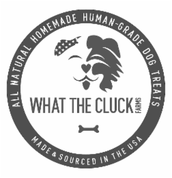 WHAT THE CLUCK FARMS MADE & SOURCED IN THE USA ALL NATURAL HUMAN-GRADE DOG TREATS HOMEMADE logo