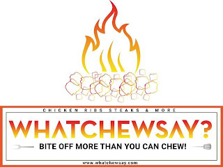 WHATCHEWSAY? BITE OFF MORE THAN YOU CAN CHEW! CHICKEN RIBS STEAKS & MORE WWW.WHATCHEWSAY.COM logo