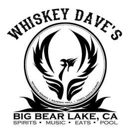 WHISKEY DAVE'S BIG BEAR LAKE, CA SPIRITS · MUSIC · EATS · POOL SPIRITS RISING · RAISING HELL · 100% UNFILTERED logo