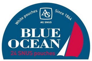 WHITE POUCHES AG SINCE 1864, AG SNUS, BLUE OCEAN, 24 SNUS POUCHES logo