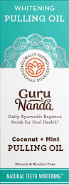 WHITENING PULLING OIL • GLOBALLY FARMED ETHICALLY SOURCED • GURU NANDA DAILY AYURVEDIC REGIMEN SWISH FOR ORAL HEALTH* COCONUT + MINT PULLING OIL NATURAL & ALCOHOL-FREE NATURAL TEETH WHITENING* logo