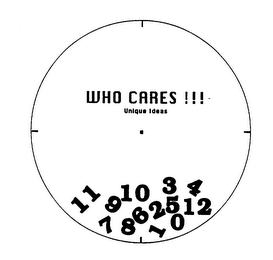 WHO CARES !!! UNIQUE IDEAS 0123456789101112 logo