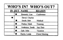 WHO'S IN? WHO'S OUT? IN OUT NAME REASON BONNETTI, LISA CONFERENCE DUVAL, CHARLES SMITH, BOB MEDICAL PARKES, MARK TRAINING ANDERSON, SANDY JURY DUTY GALT, JOHN VACATION HARRIS, LINDA CLIENT MEETING logo