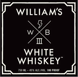 WILLIAM'S WHITE WHISKEY WB III  750ML-45% ALC./VOL. 100 PROOF logo
