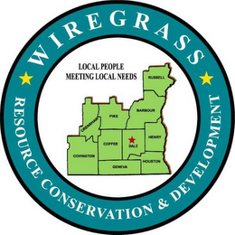 WIREGRASS RESOURCE CONSERVATION & DEVELOPMENT LOCAL PEOPLE MEETING LOCAL NEEDS RUSSELL BARBOUR PIKE CRENSHAW COVINGTON COFFEE DALE HENRY HOUSTON GENEVA logo