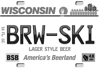 WISCONSIN 16 FL. OZ. BRW-SKI LAGER STYLE BEER BSB AMERICA'S BEERLAND GRB 4.8 ABV logo