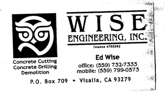 WISE ENGINEERING, INC. CONCRETE CUTTING CONCRETE DRILLING DEMOLITION logo