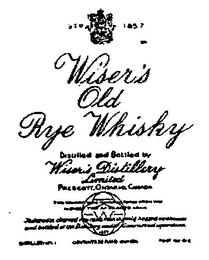 WISER'S OLD RYE WHISKEY DISTILLED AND BOTTLED BY WISER'S DISTILLERY LIMITED PRESCOTT, ONTARIO, CANADA EST'D. 1857 W THIS WHISKEY WAS MANUFACTURED FROM THE HIGHEST TYPE OF SELECTED GRAIN TRADE-MARK MATURED IN CHARRED OAK CASKS UNIFORMLY HEATED WAREHOUSES AND BOTTLED AT THE DISTILLERY UNDER GOVERNMENT SUPERVISION DISTILLERY NO. 1 CONTENTS 32 FLUID OUNCES PORT NO.415 logo