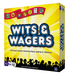 WITS & WAGERS THE MOST AWARD WINNING PARTY GAME IN HISTORY! PARTY AGE 10+ PLAYERS 4-20 A PARTY GAME BY DOMINIC CRAPUCHETTES logo