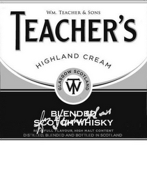 WM. TEACHER & SONS TEACHER'S HIGHLAND CREAM GLASGOW SCOTLAND WT BLENDED SCOTCH WHISKY RICH FULL FLAVOUR, HIGH MALT CONTENT DISTILLED, BLENDED AND BOTTLED IN SCOTLAND logo