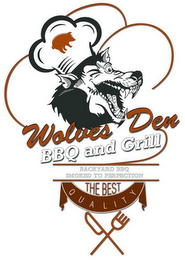 WOLVES DEN BBQ AND GRILL BACKYARD BBQ SMOKED TO PERFECTION THE BEST QUALITY logo