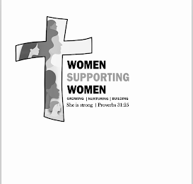 WOMEN SUPPORTING WOMEN GROWING NURTURING BUILDING SHE IS STRONG PROVERBS 31:25 logo