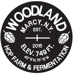 WOODLAND HOP FARM & FERMENTATION MARCY, N.Y. EST. 2015 ELEV. 749 FT. 43º9'N, 75º12'W logo