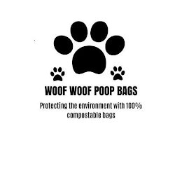 WOOF WOOF POOP BAGS PROTECTING THE ENVIRONMENT WITH 100% COMPOSTABLE BAGS logo