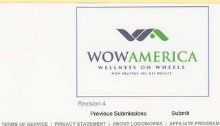 WOWAMERICA WELLNESS ON WHEELS WOW DELIVERS.  YOU GET RESULTS.  REVISION 4 PREVIOUS SUBMISSIONS SUBMIT TERMS OF SERVICE PRIVACY STATEMENT ABOUT LOGOWORKS AFFILIATE PROGRAM logo
