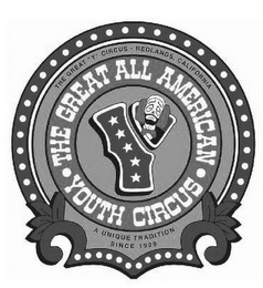 Y THE GREAT ALL AMERICAN YOUTH CIRCUS THE GREAT "Y" CIRCUS REDLANDS, CALIFORNIA A UNIQUE TRADITION SINCE 1929 logo