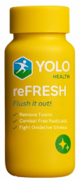 YOLO HEALTH REFRESH FLUSH IT OUT! REMOVE TOXINS COMBAT FREE RADICALS FIGHT OXIDATIVE STRESS logo