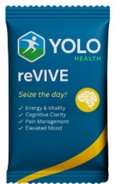 YOLO HEALTH REVIVE SEIZE THE DAY! ENERGY & VITALITY COGNITIVE CLARITY PAIN MANAGEMENT ELEVATED MOOD logo