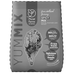 YUMMIX PLANET FARMS GO VERTICAL FROM VERTICAL FARMING SPICY MIX MIZUNA, MUSTARD LEAF, ROCKET GROWN USING 95% LESS WATER AND 90% LESS SOIL THAN OPEN-FIELD FARMING. FREE FROM PESTICIDES. DELICIOUS FLAVOUR. READY TO EAT. TO FIND OUT MORE, TURN ME ROUND! logo