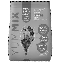 YUMMIX PLANET FARMS GO VERTICAL FROM VERTICAL FARMING PEPPY MIX MIX OF PAK CHOI LEAVES GROWN USING 95% LESS WATER AND 90% LESS SOIL THAN OPEN-FIELD FARMING. FREE FROM PESTICIDES. DELICIOUS FLAVOUR. READY TO EAT. TO FIND OUT MORE, TURN ME ROUND! logo