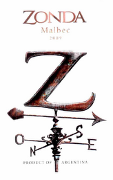 ZONDA MALBEC 2009 PRODUCT OF ARGENTINA Z N O S E logo