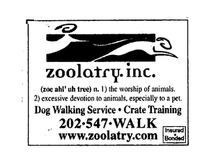 ZOOLATRY (ZOE AHL' UH TREE) N. 1) THE WORSHIP OF ANIMALS. 2) EXCESSIVE DEVOTION TO ANIMALS, ESPECIALLY TO A PET. logo