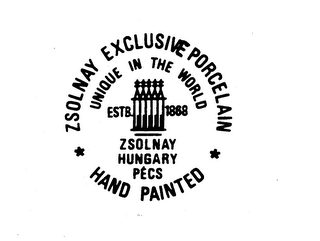 ZSOLNAY EXCLUSIVE PORCELAIN UNIQUE IN THE WORLD ESTB. 1868 ZSOLNAY HUNGARY PECS HAND PAINTED logo
