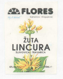 ZUTA LINCURA FLORES SLJIVOVICA-TRAVARICA KAMENICA-KRAGUJEVAC 45% ALC./VOL. 75OML E logo